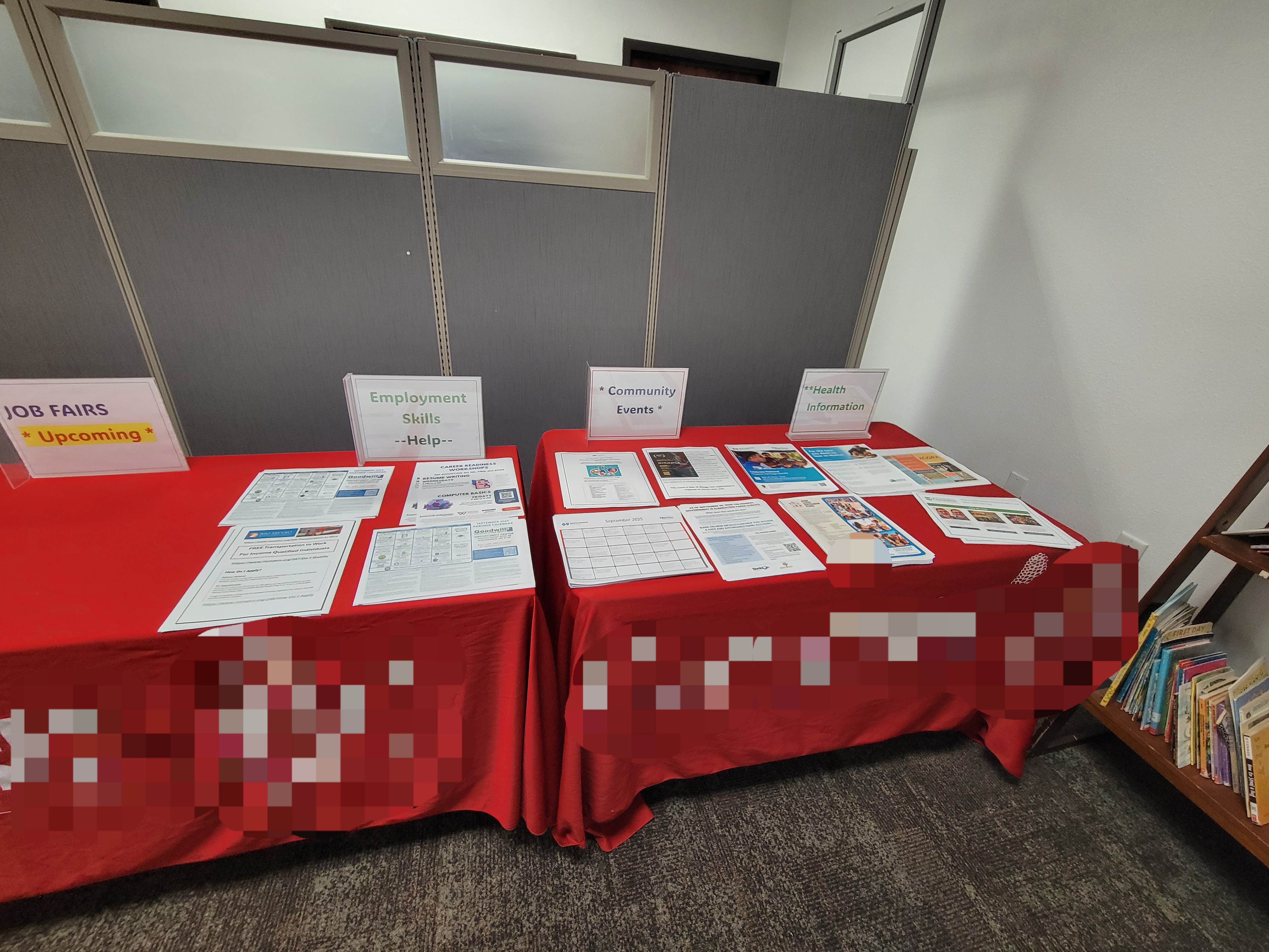 Community resource tables for health information and job skills.